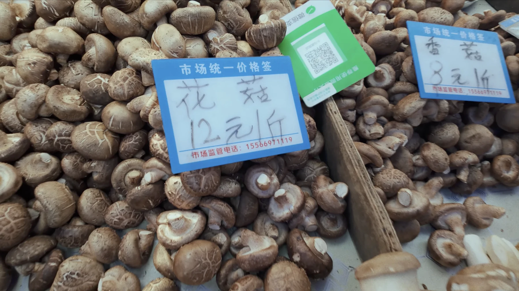 Two handwritten market price signs for flower mushrooms and shiitake mushrooms