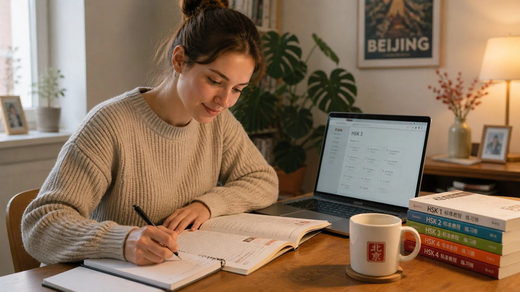 Student studying HSK Chinese at home with Beijing poster and HSK books