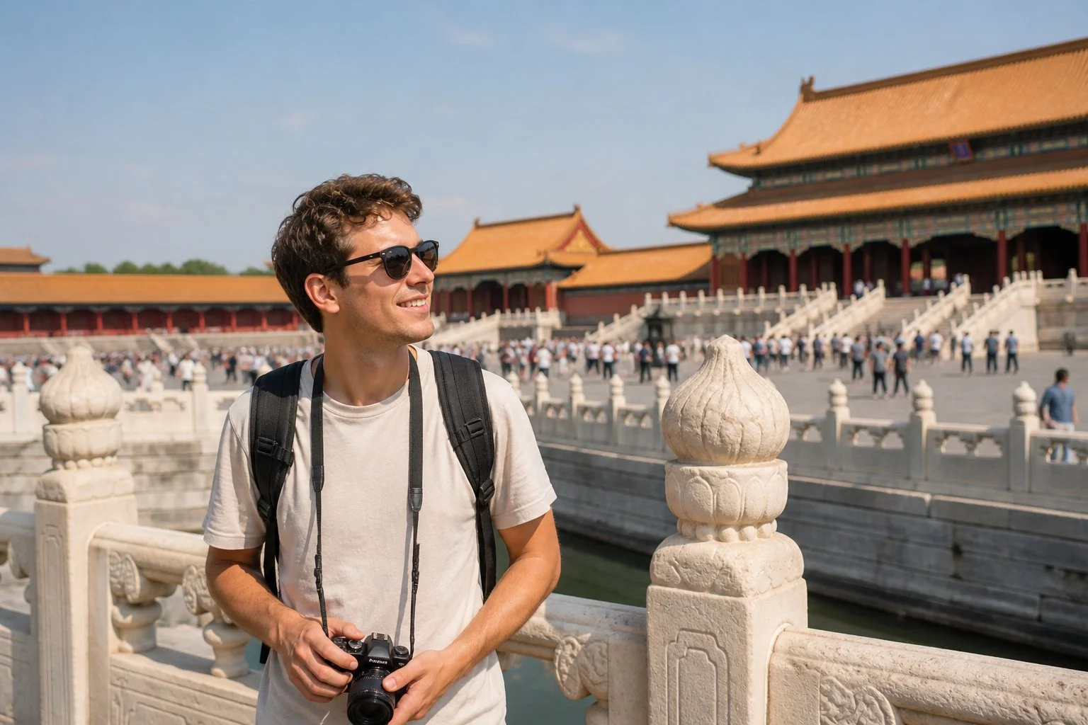 Tourist at Forbidden City Beijing speaking Mandarin
